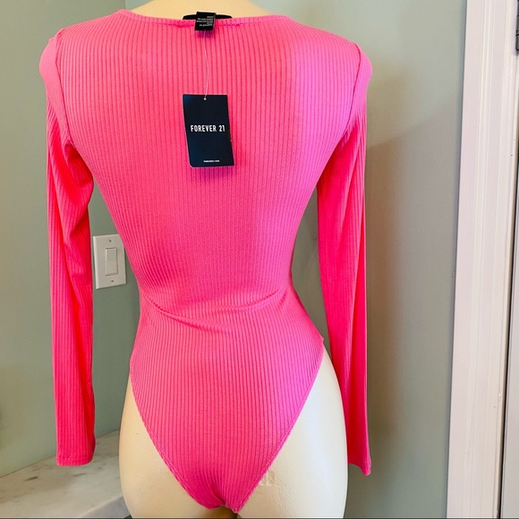 Hot Pink Bodysuit Long Sleeve V Neck Stretch Open Peekaboo Size M - Forever 21 - Picture 2 of 8